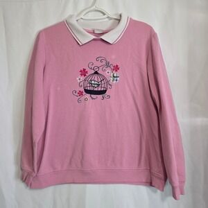 Vintage Adrian Delafield Sweatshirt Womens Pink Embroidered Birdcage Floral Top